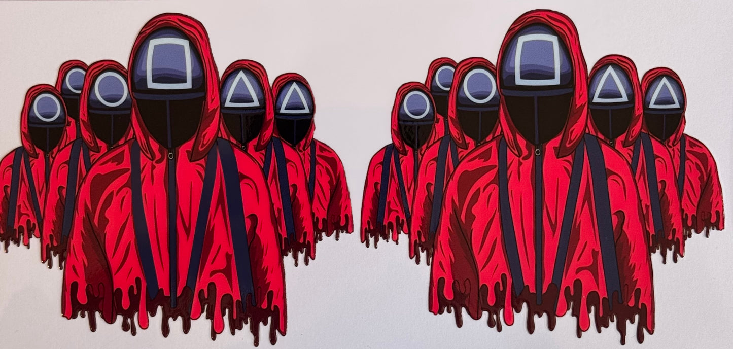 Squid Game red guard DTF wrap with masked characters, sized 24x11cm for 16oz tumblers.