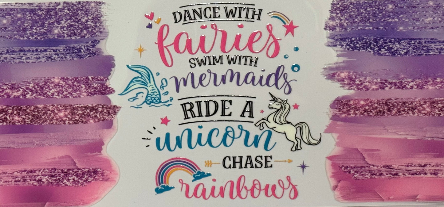 DTF wrap with fairies, mermaids, unicorn, rainbow, and magical pastel design