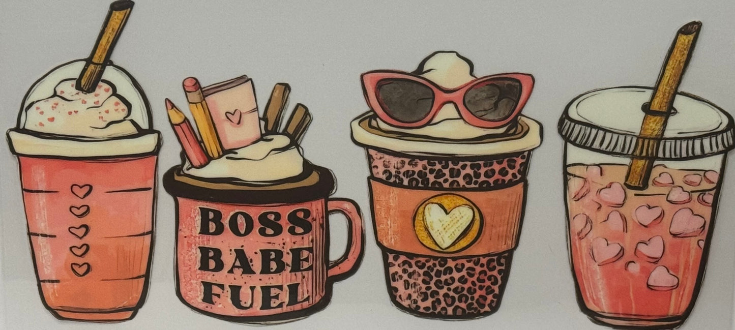 Four pink and animal print coffee cups with whipped cream, sunglasses, pencils, and heart details.