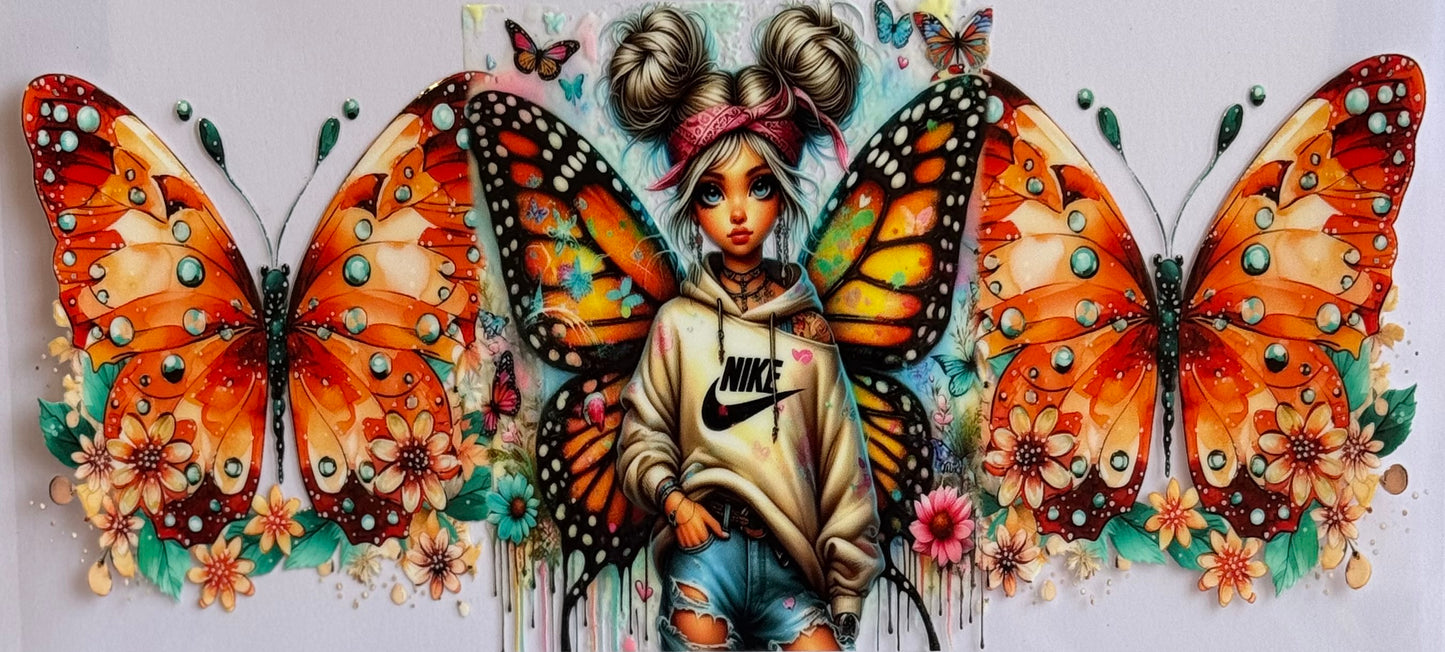 Girl with Nike logo standing in front of orange and green butterflies, DTF wrap sized 24x11cm.