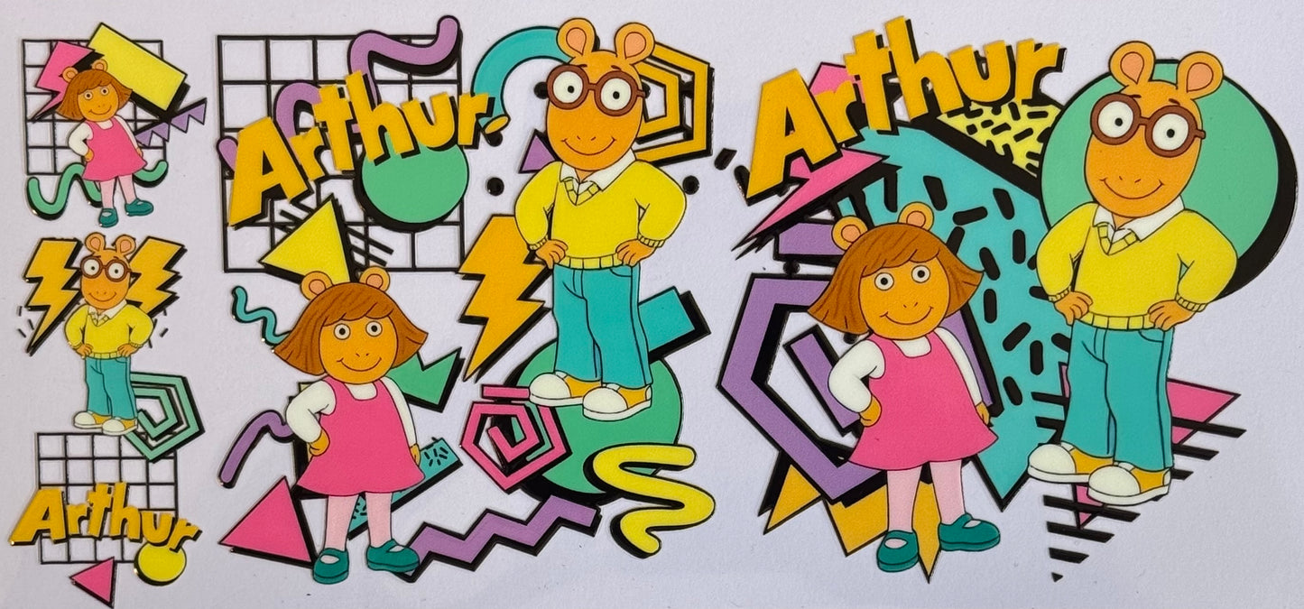 Arthur and D.W. themed DTF wrap in bold neon pop-art style with retro shapes, sized 24x11cm for 16oz tumblers.