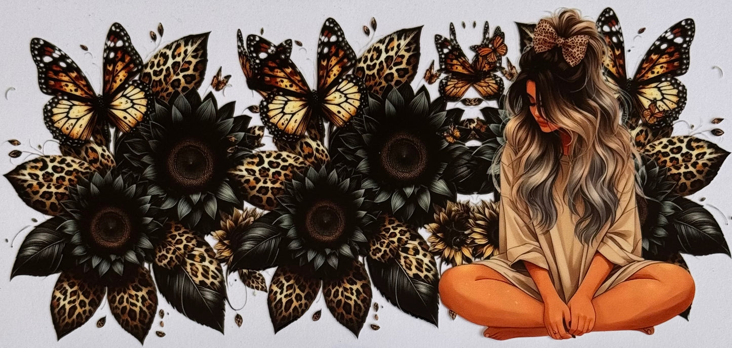 #8 Wildflower Glow leopard sunflower butterfly girl DTF wrap 24x11cm for 16oz tumblers