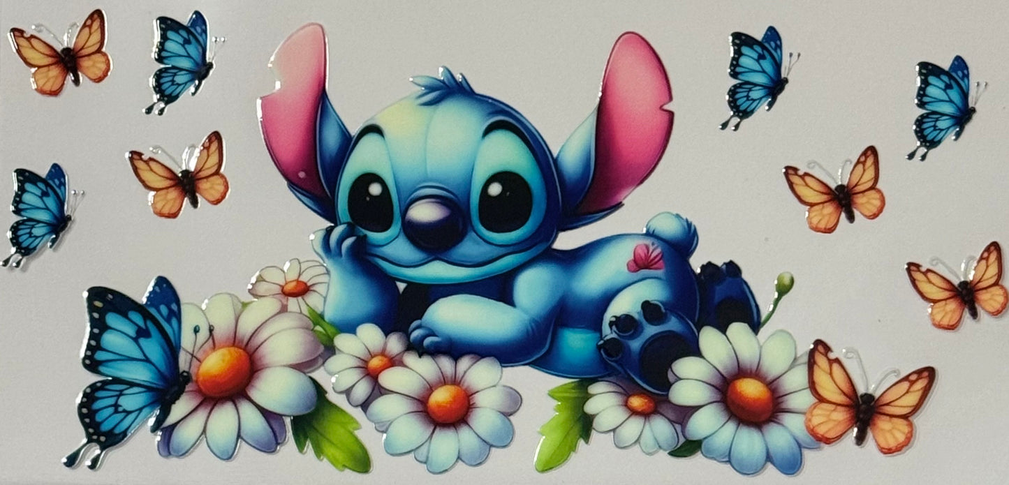 Sticker sheet featuring Stitch lying on daisies with butterflies flying around.