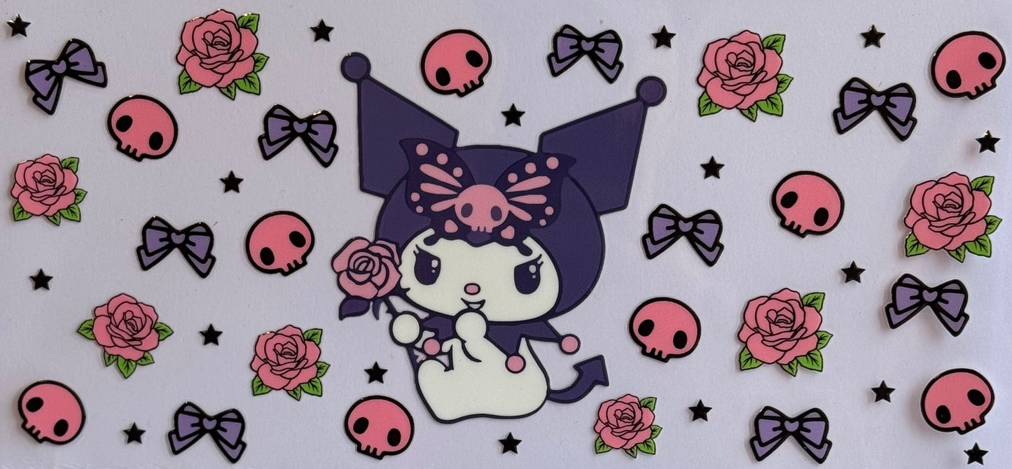Kuromi DTF wrap with roses, bows, and skulls