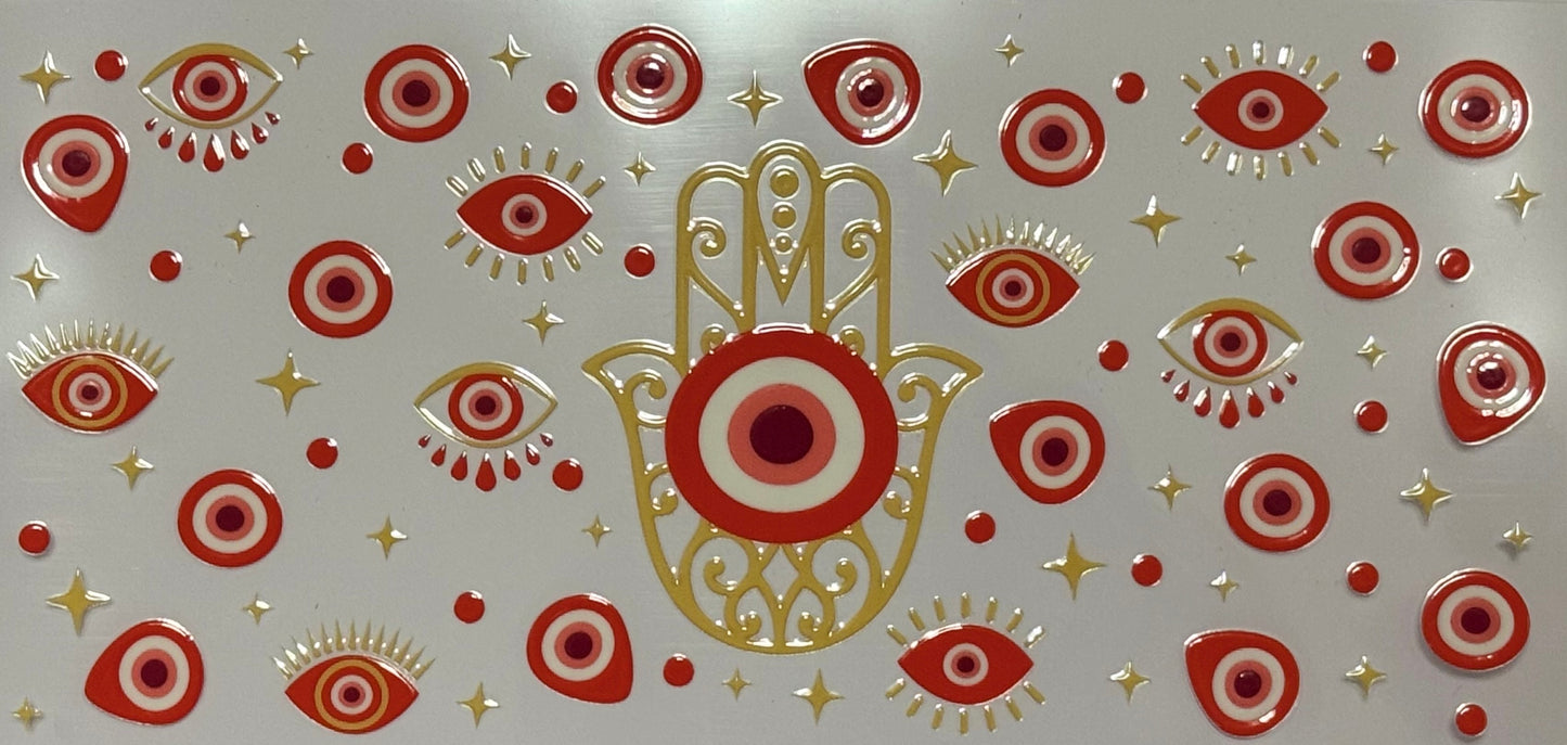 Red and gold Hamsa hand with central evil eye surrounded by multiple red target-style eyes and golden stars.