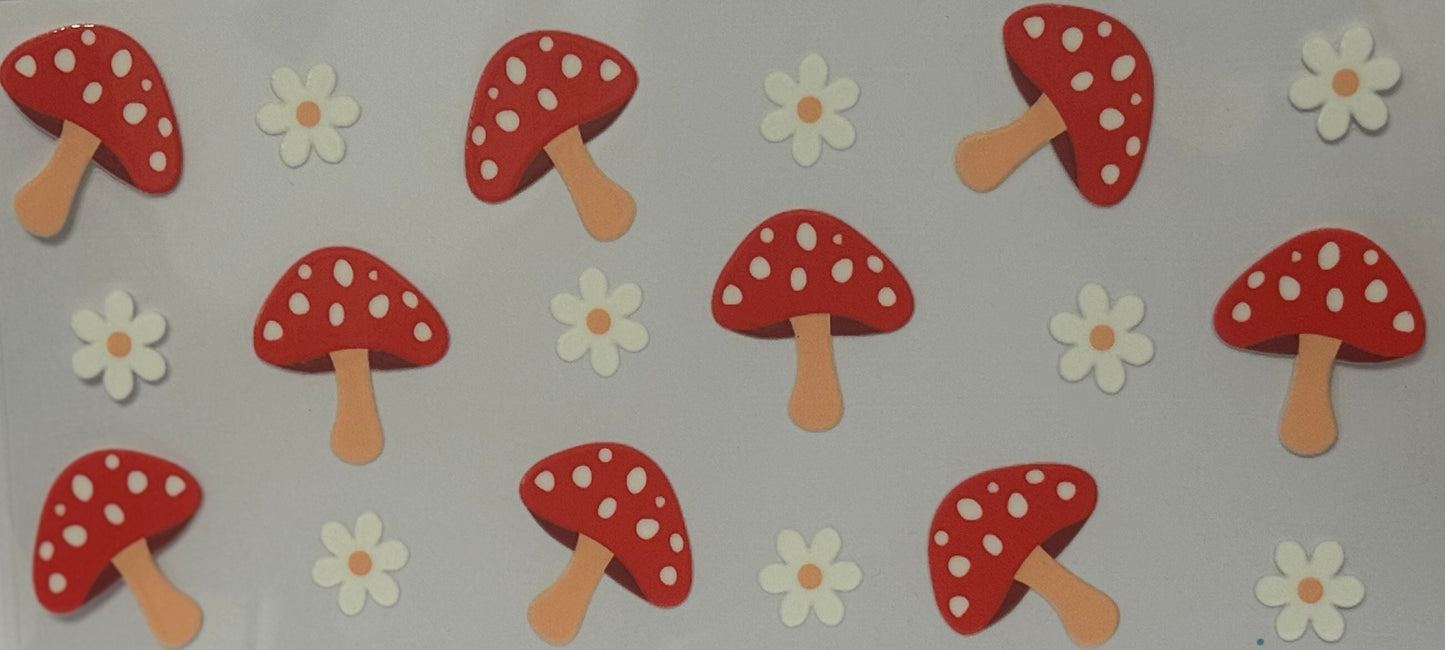Bright red mushrooms with white spots surrounded by small white daisies on a pale background.