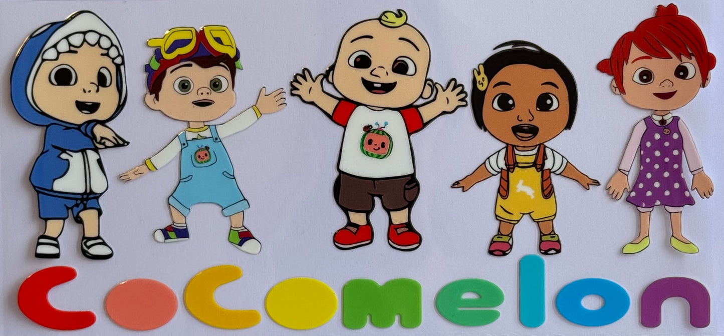 Cocomelon DTF wrap with bright cartoon characters and colorful accents, sized 24x11cm.