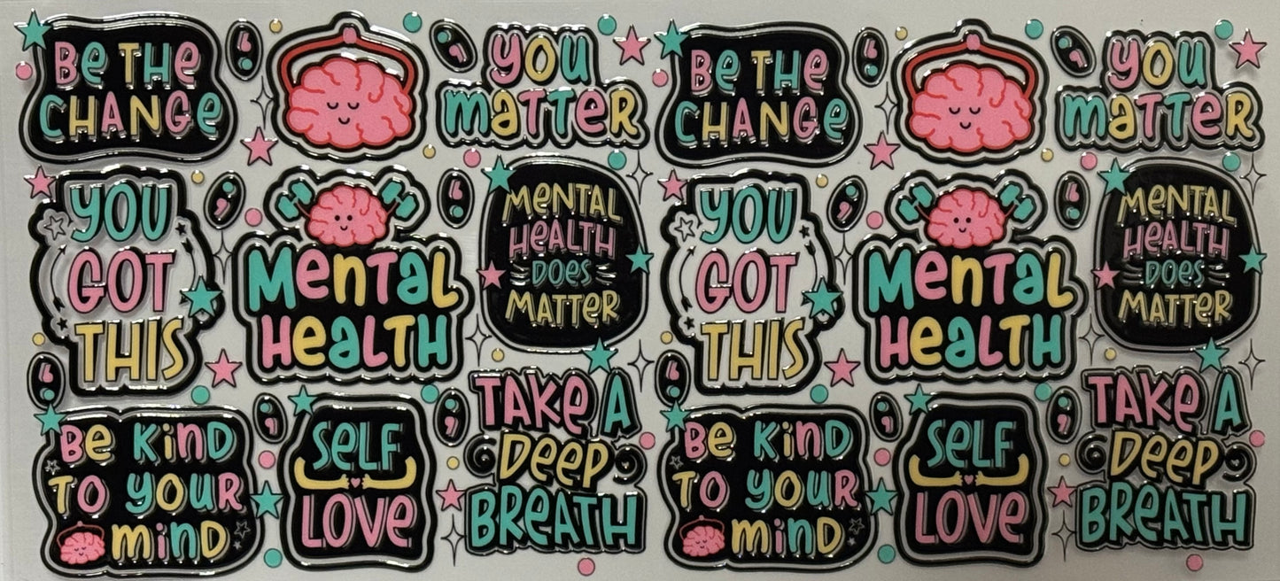 pastel wrap with mental health affirmations like “You Matter” and “Be the Change” with stars and hearts.
