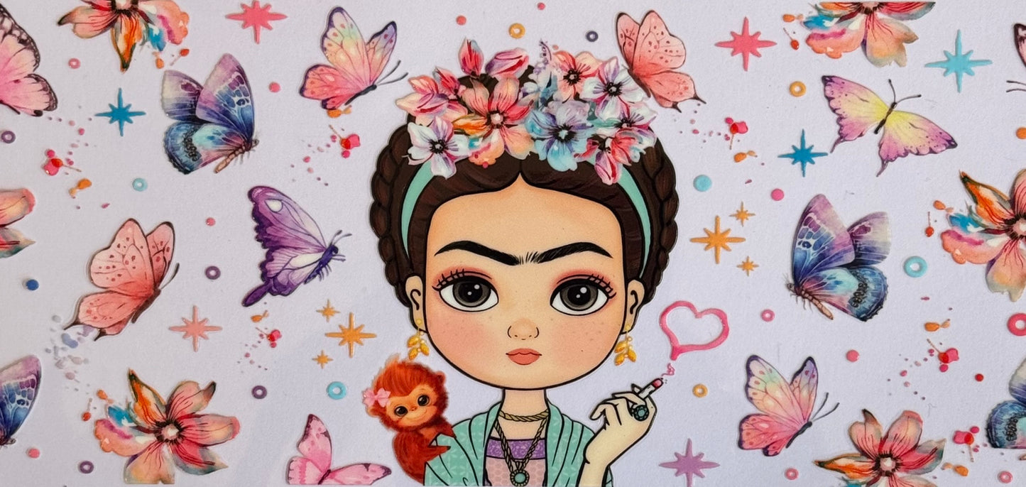 Frida Kahlo-inspired DTF wrap with flower crown, butterflies, animals, and florals, sized 24x11cm for 16oz tumblers.