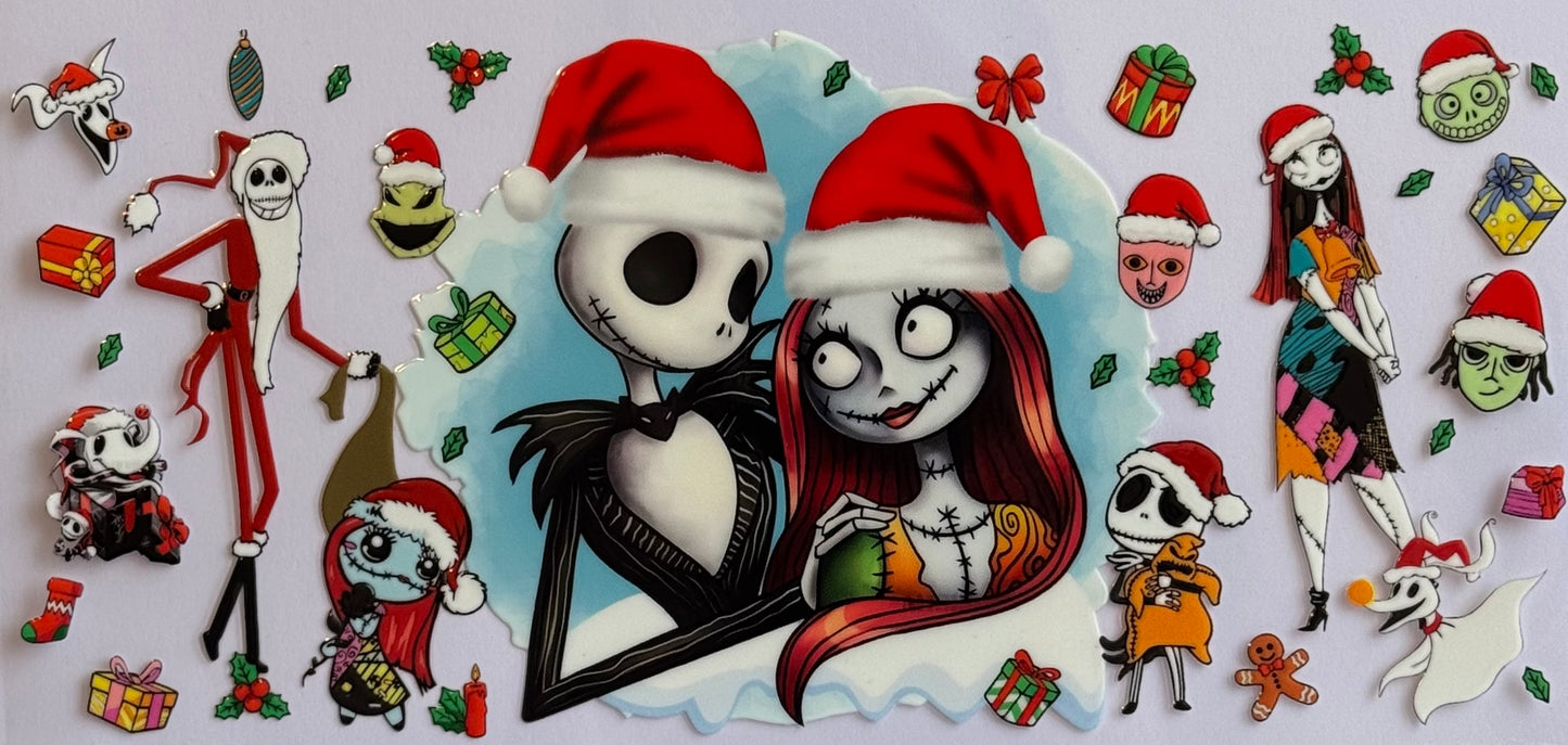 Nightmare Before Christmas DTF wrap featuring Jack and Sally with Halloween Town elements, sized 24x11cm for 16oz cups.