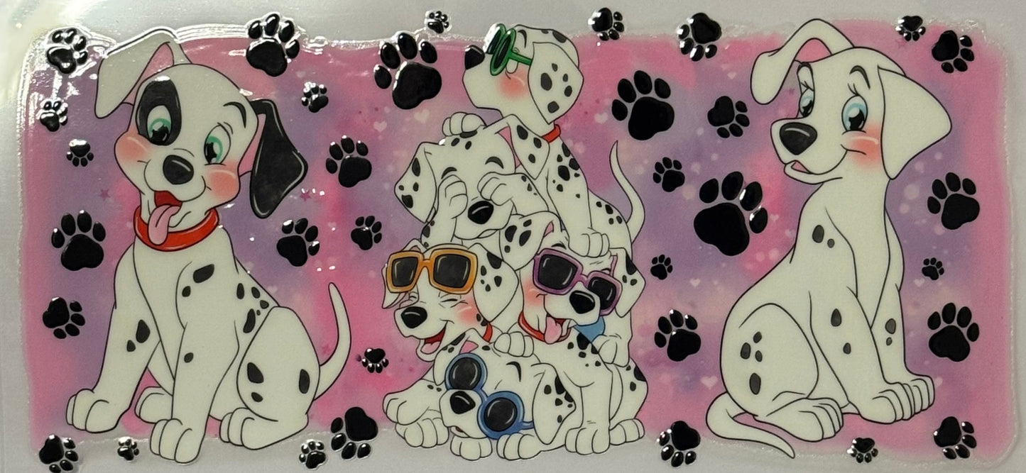 dalmatian puppies with sunglasses surrounded by paw prints