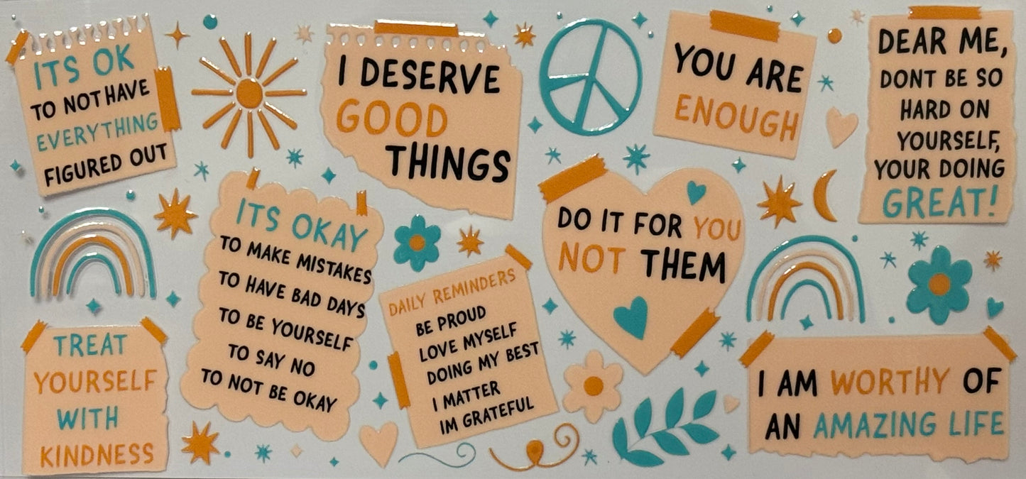 DTF wrap with rainbows, stars, notes, and positive daily reminders