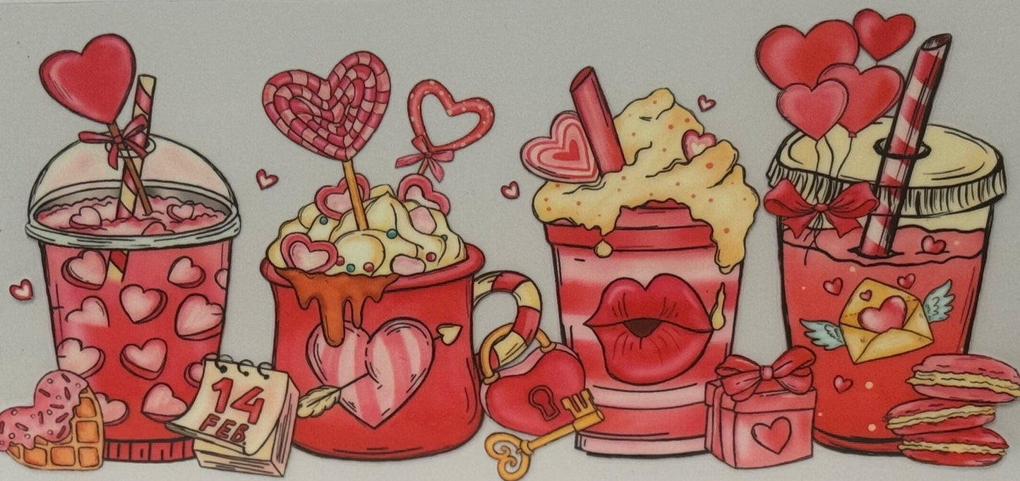 Illustrated drinks decorated with hearts, straws, candy, gifts, and a Valentine’s Day calendar page.