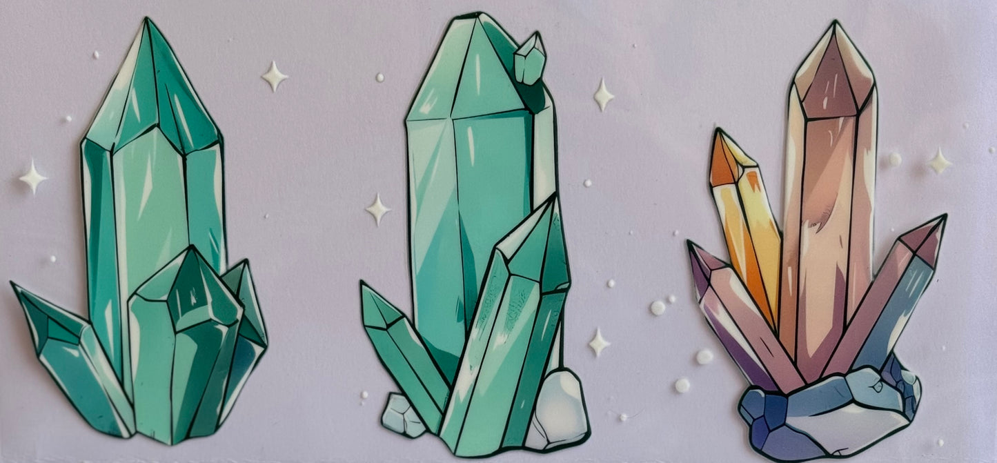 DTF wrap with crystal clusters in aqua, teal, and rainbow pastel shades.