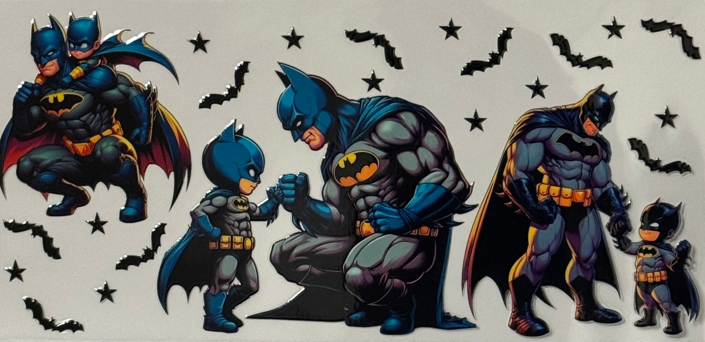 Batman and a mini Batman fist-bumping and standing surrounded by stars and bats.