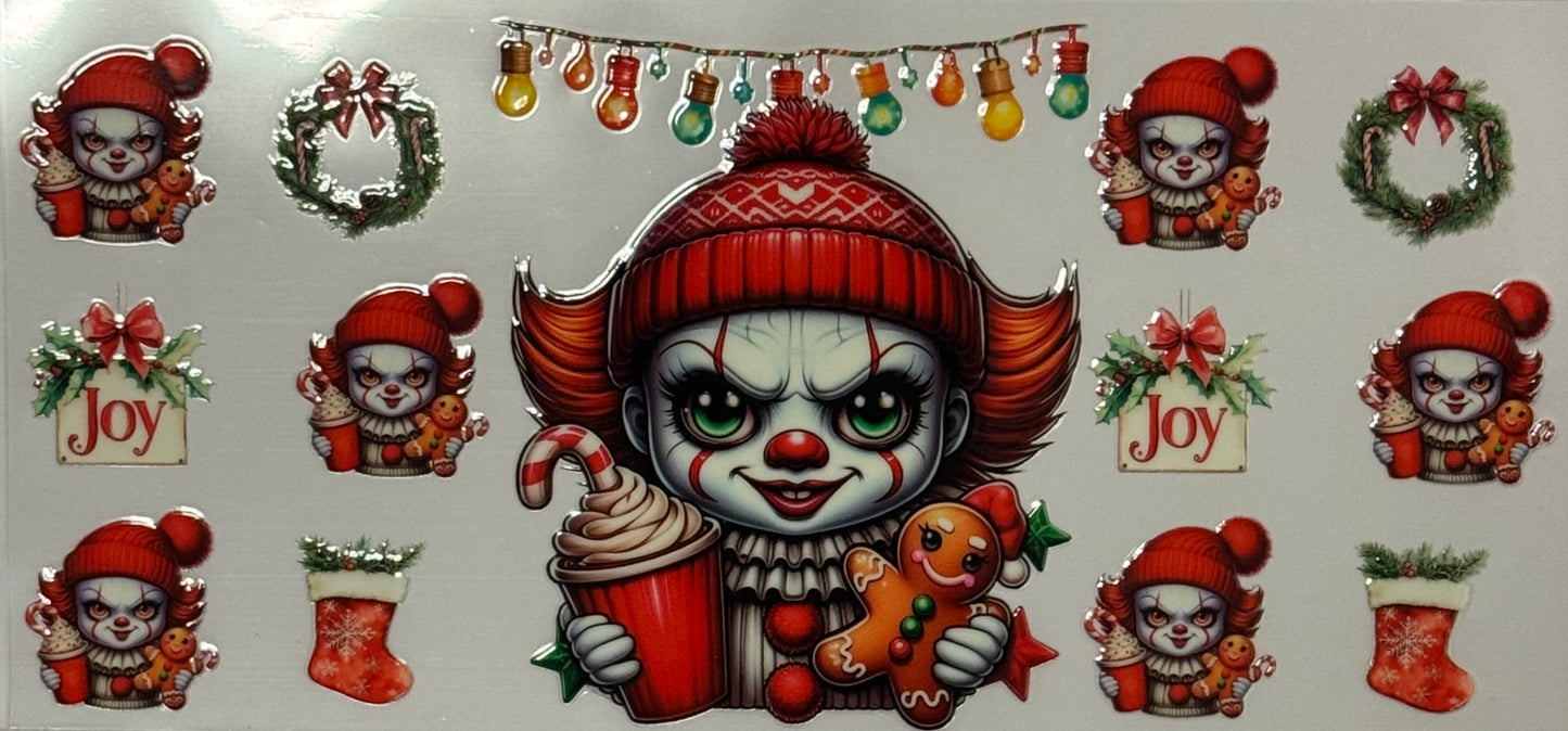Pennywise in a Christmas theme holding cocoa and a gingerbread cookie with wreaths and lights.