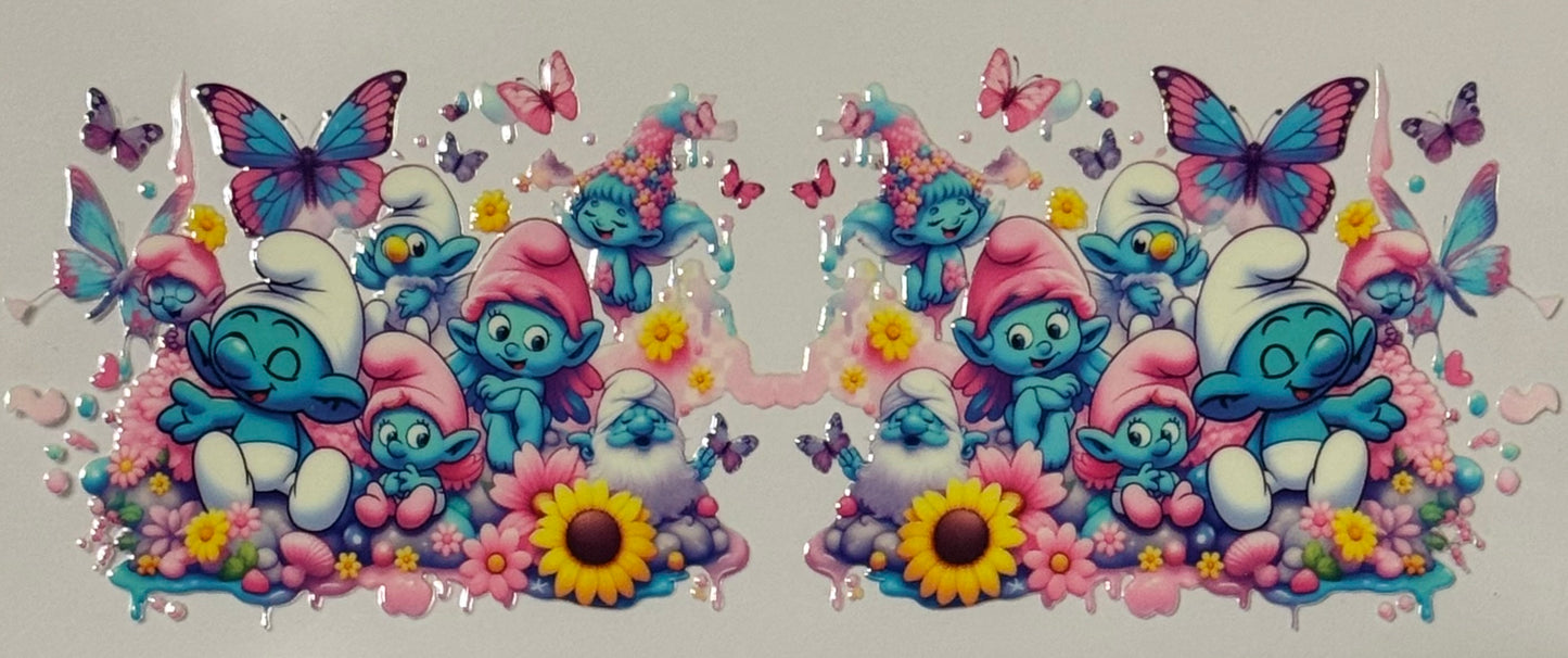 Smurfs sitting together surrounded by butterflies and colorful flowers.