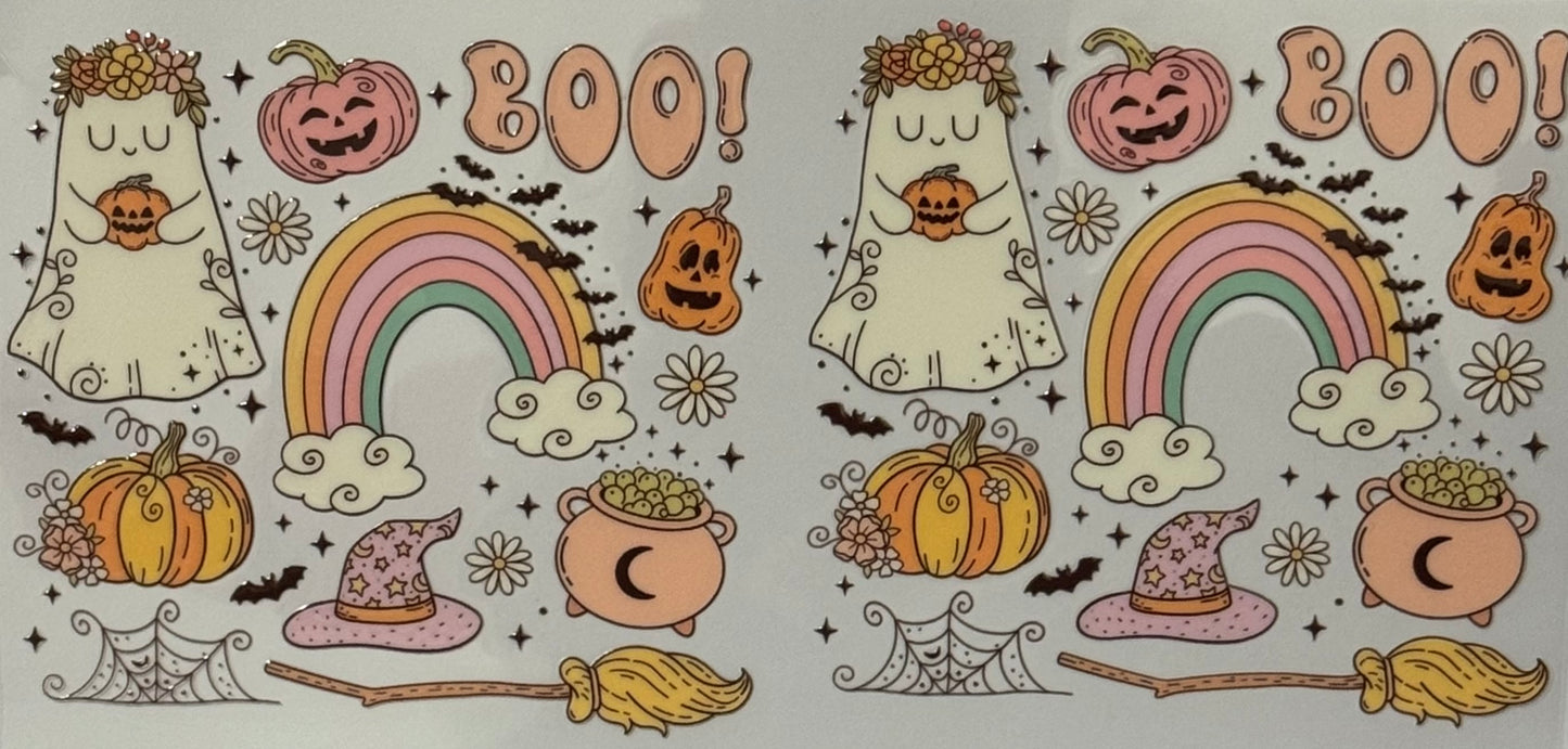 A pastel Halloween design with ghosts, pumpkins, rainbows, witch hats, cauldrons, cobwebs, and “Boo!” text in soft pink, orange, and yellow tones.