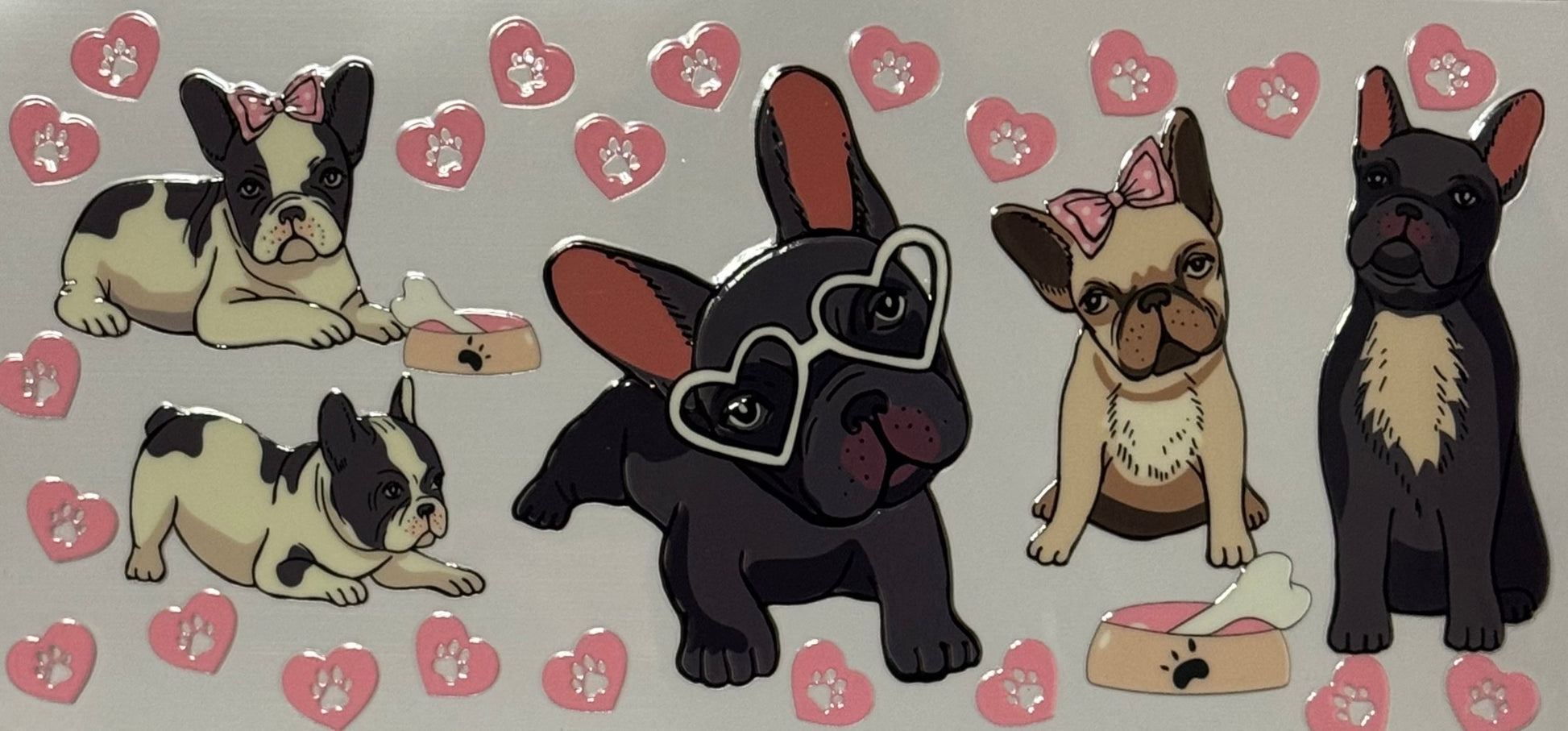 cartoon french bulldogs with pink bows, heart glasses, and paw print hearts