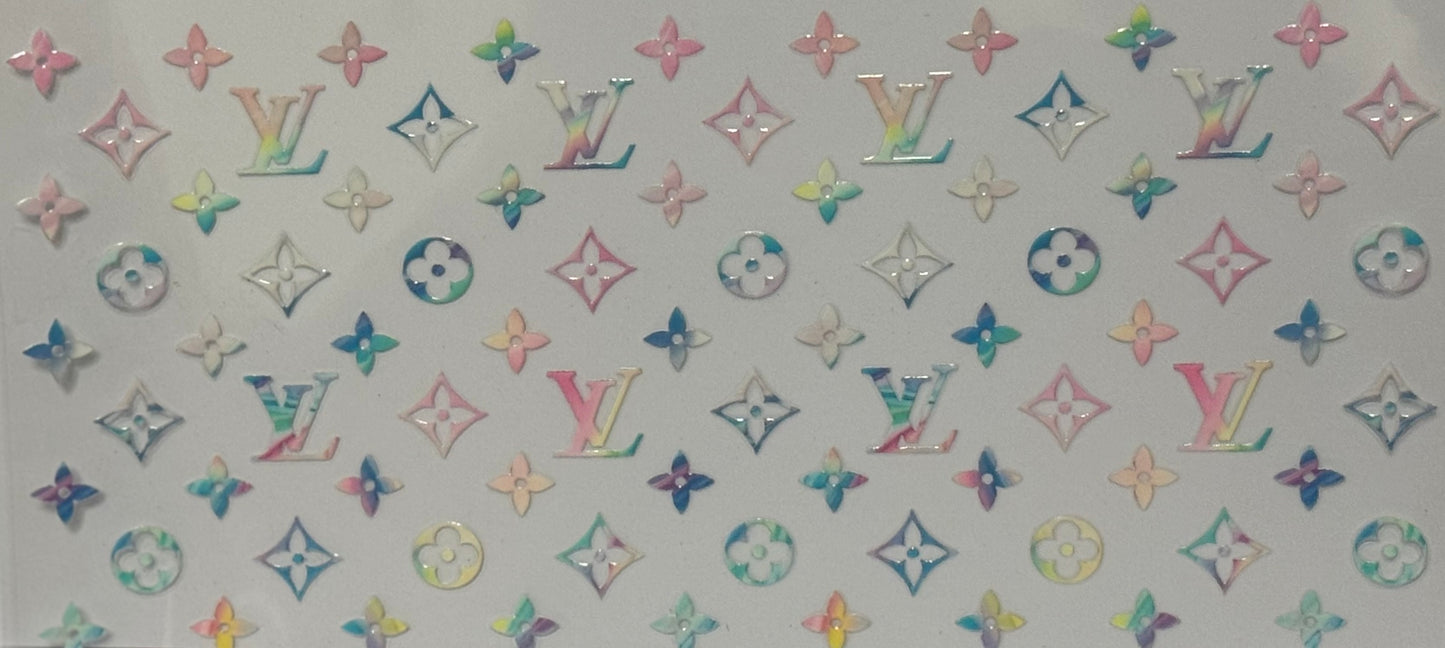 A pattern of pastel rainbow LV monogram-style shapes arranged across a light background.