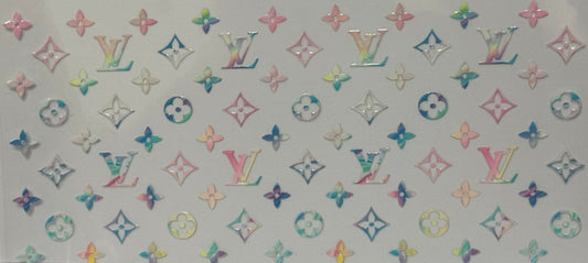 A pattern of pastel rainbow LV monogram-style shapes arranged across a light background.