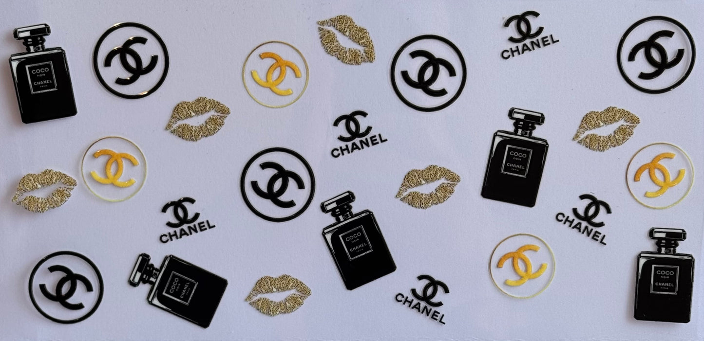 Perfume bottles with kiss lips and Chanel logos DTF wrap, sized 24x11cm.
