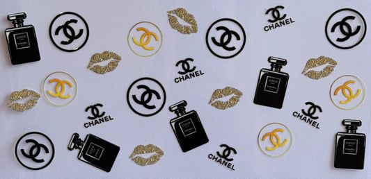 Perfume bottles with kiss lips and Chanel logos DTF wrap, sized 24x11cm.
