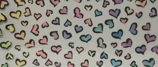  A pattern of rainbow-colored hearts with bold black outlines scattered across a light background.