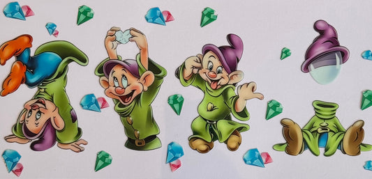 Dopey cartoon DTF wrap with gems and playful poses, sized 24x11cm for 16oz tumblers.
