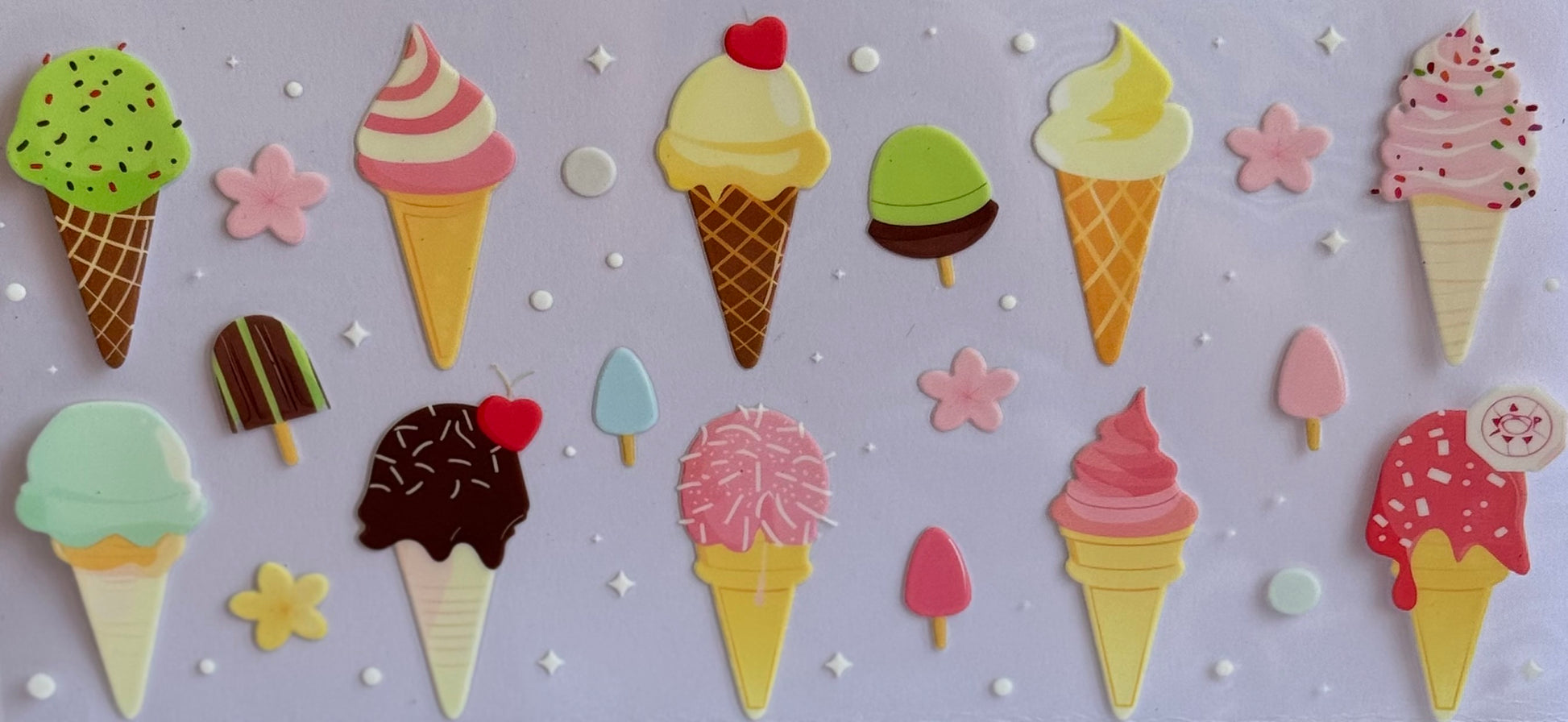  Ice cream and popsicle themed DTF wrap in pastel colors with cones and sprinkles.
