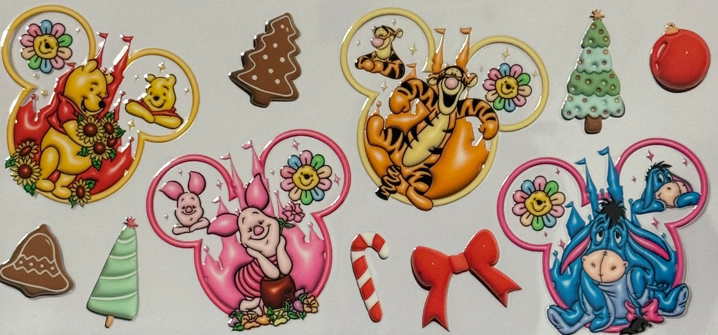 Winnie the Pooh characters in Christmas-themed Mickey frames with trees and candy canes.
