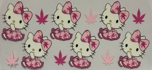 Hello Kitty in pink dress and bow with cannabis leaf pattern