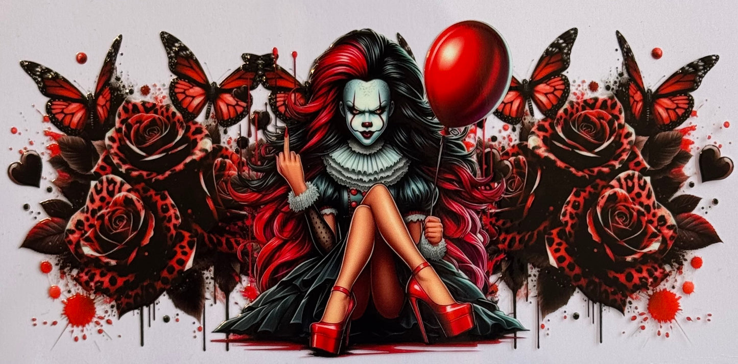 Female Pennywise DTF wrap with crown, glam makeup, and spooky clown design, sized 24x11cm for 16oz tumblers.

