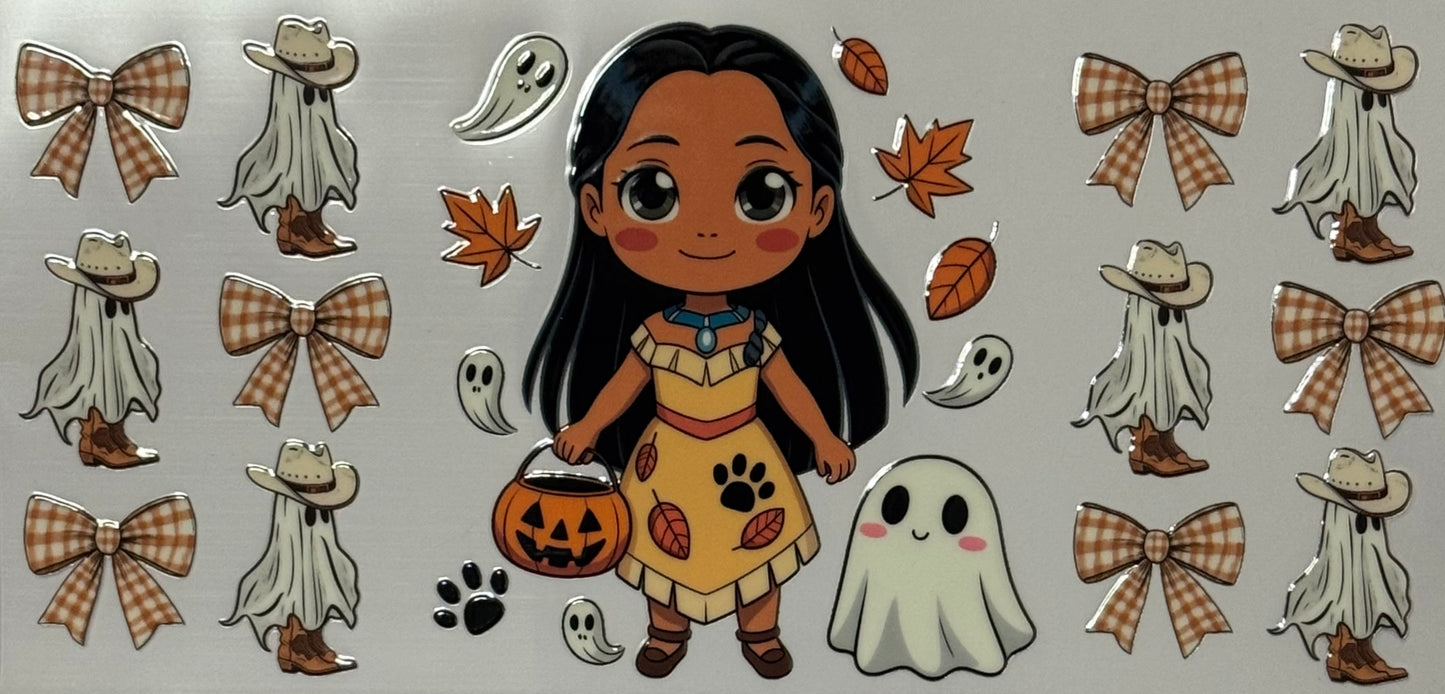 A Pocahontas-inspired Halloween wrap with bows, cowboy ghosts, pumpkins, and leaves.
