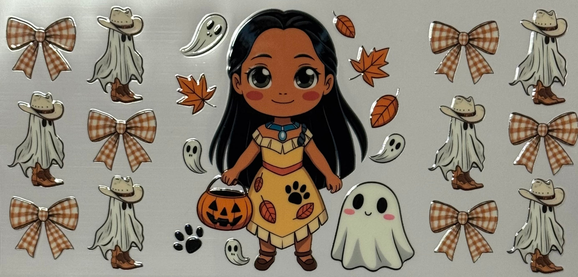 A Pocahontas-inspired Halloween wrap with bows, cowboy ghosts, pumpkins, and leaves.
