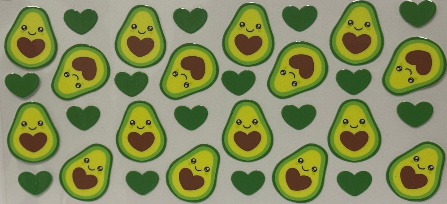  Cartoon avocados with brown heart centers and smiling faces mixed with green hearts.