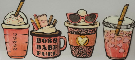 Four pink and animal print coffee cups with whipped cream, sunglasses, pencils, and heart details.