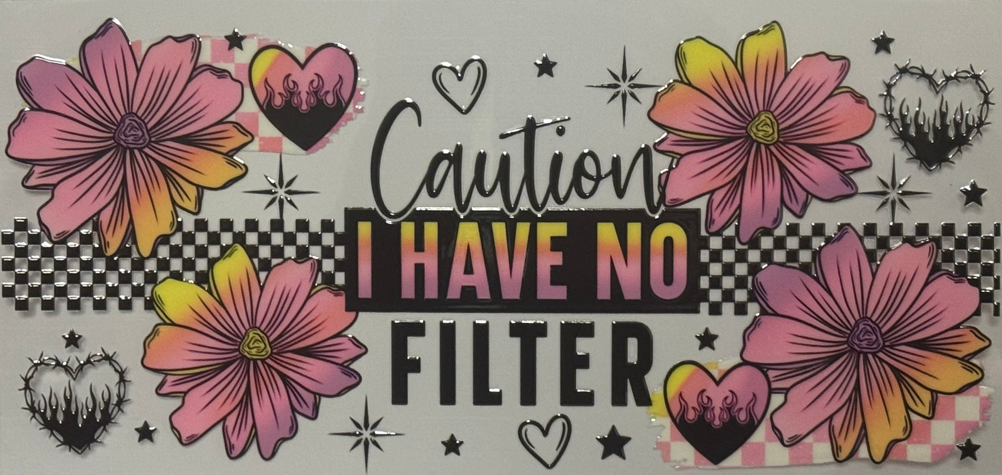  no filter, funny wrap, flower design, checkerboard design, edgy style, flame hearts