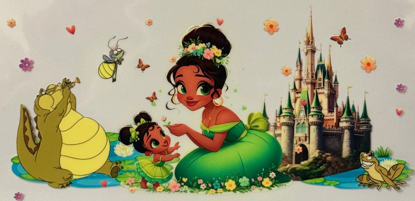 Princess Tiana and her daughter with green dresses, castle, and animal friends.