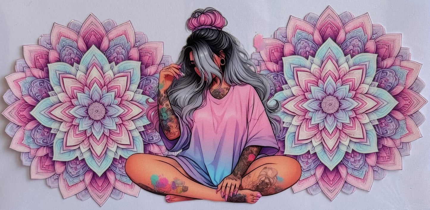 DTF wrap with girl in silver, black, and pink hair sitting in front of mandalas, sized 24x11cm.