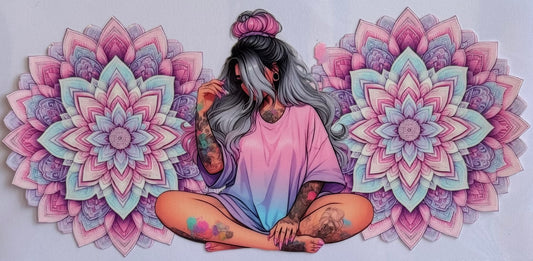 DTF wrap with girl in silver, black, and pink hair sitting in front of mandalas, sized 24x11cm.