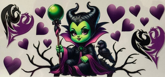 Cartoon Maleficent with raven, purple hearts, and dragon designs.