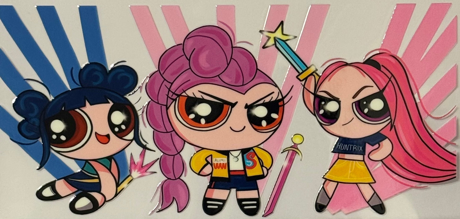 Three Powerpuff Girls in bold outfits with colorful starburst backgrounds.
