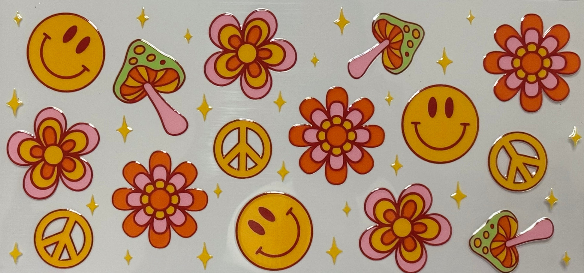 DTF wrap with retro smiley faces, colorful flowers, mushrooms, and peace signs