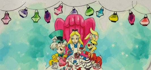 Alice in Wonderland tea party with Mad Hatter, March Hare, and colorful lanterns.