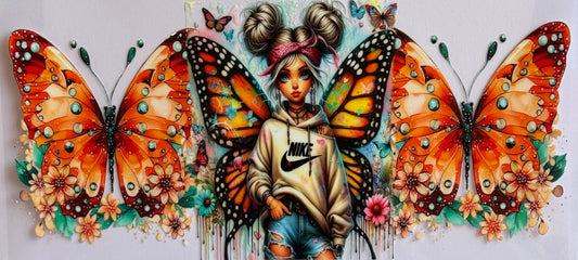 Girl with Nike logo standing in front of orange and green butterflies, DTF wrap sized 24x11cm.