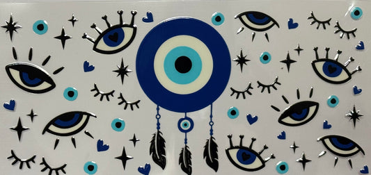 Large blue evil eye dreamcatcher surrounded by black outlined eyes, lashes, stars, and blue heart accents.
