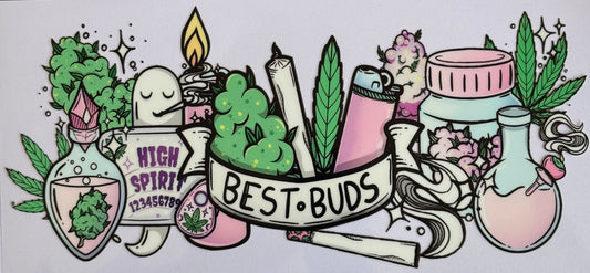 Pastel cartoon cannabis scene with nugs, leaves, potions, blunt, and a ribbon that says “Best Buds.