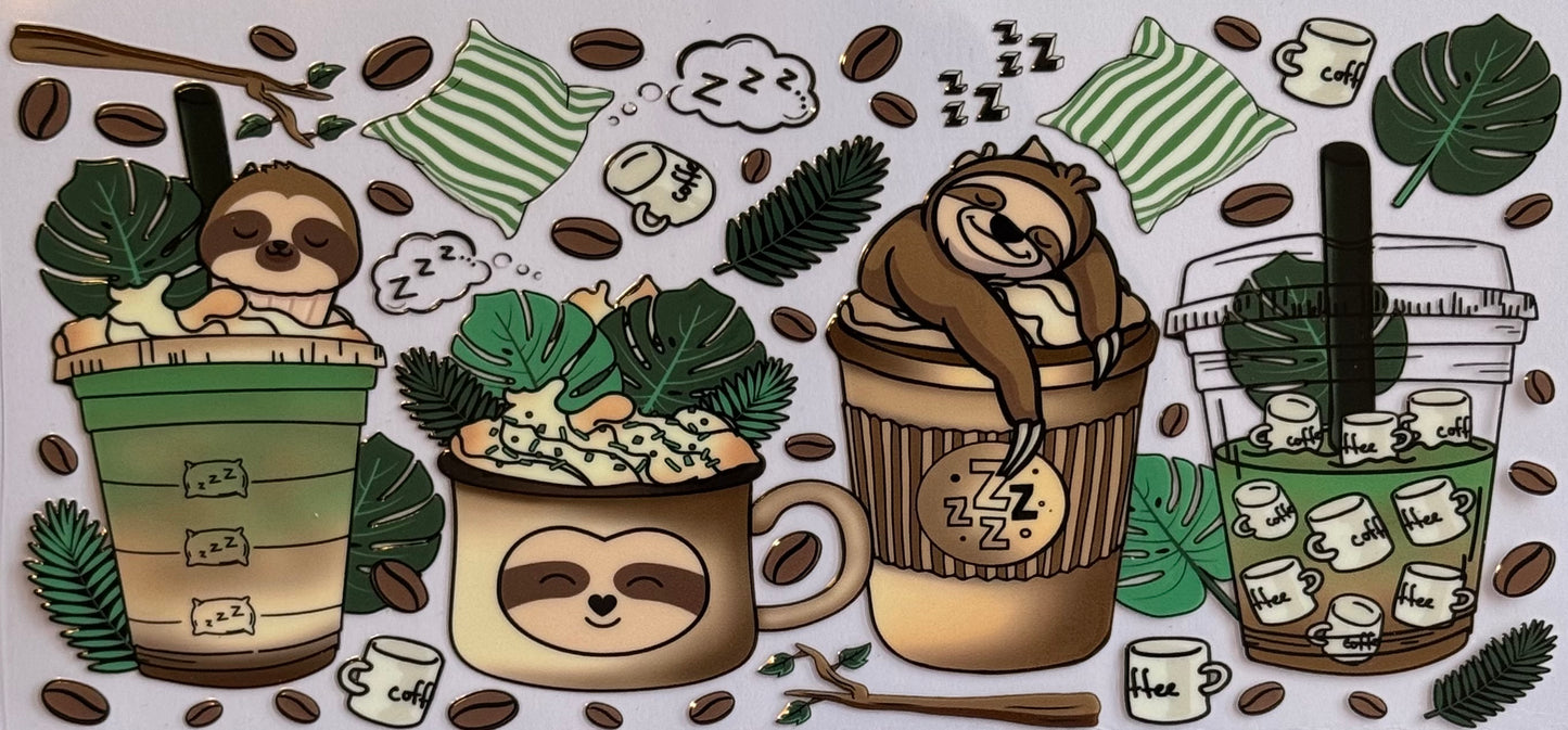 Sloths lounging in mugs and iced coffee cups with beans and leaves DTF wrap, sized 24x11cm for 16oz tumblers.
