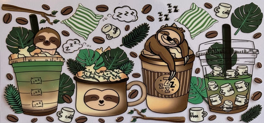 Sloths lounging in mugs and iced coffee cups with beans and leaves DTF wrap, sized 24x11cm for 16oz tumblers.
